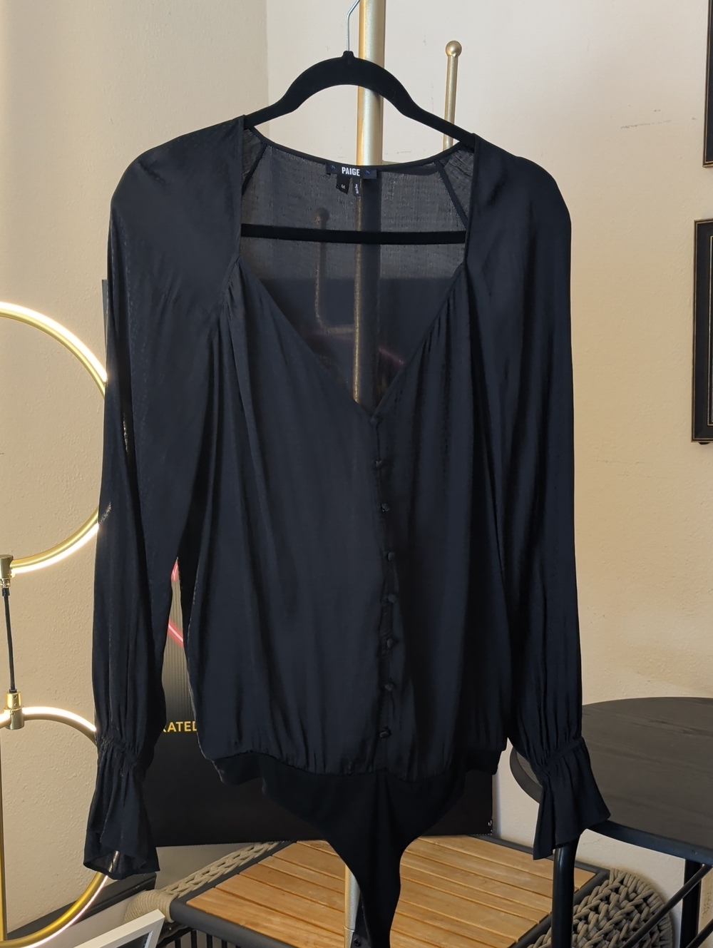 PAIGE Black Sheer Long-Sleeve V-Neck Button Bodysuit